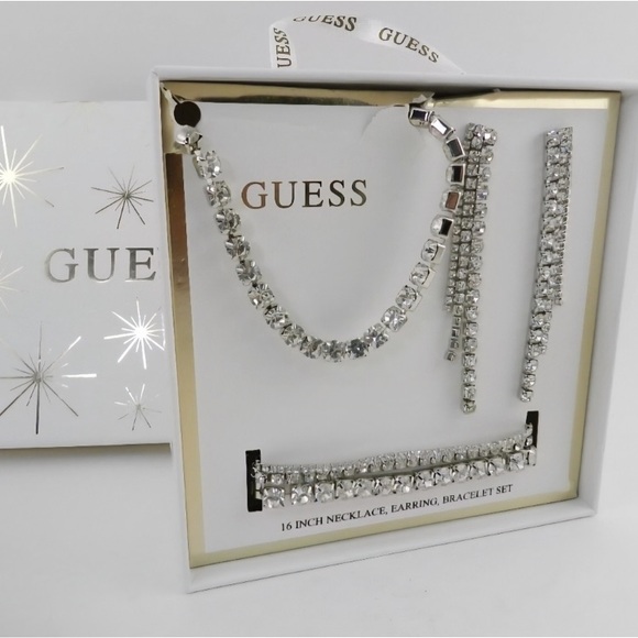 Guess Jewelry - Guess Silver Rhinestone Jewelry Set - Necklace, Earrings & Bracelet NIB MSRP $38